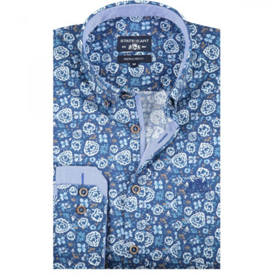 State of Art Overhemd met bloemenprint grijsblauw/kobalt