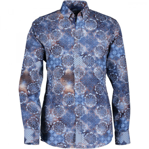 State of Art Poplin overhemd zonder borstzak donkerbruin/kobalt