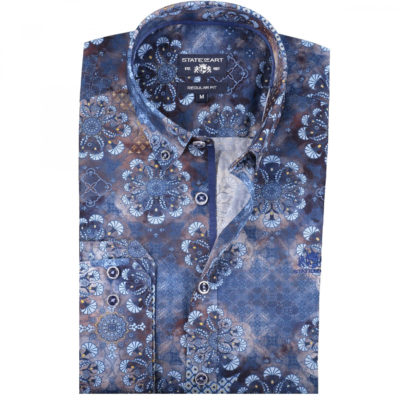 State of Art Poplin overhemd zonder borstzak donkerbruin/kobalt