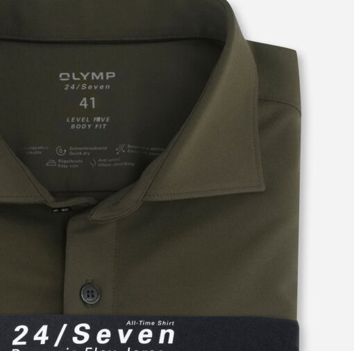 OLYMP Level Five 24/Seven Body Fit, Zakelijke Overhemd, Kent, Olijfgroen