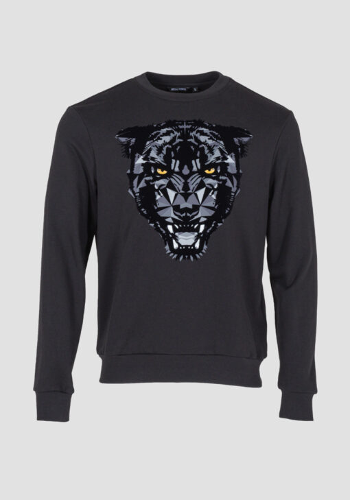 ANTONY MORATO REGULAR-FIT SWEATSHIRT MET RONDE HALS EN FLOCKED PANTER PRINT ZWART