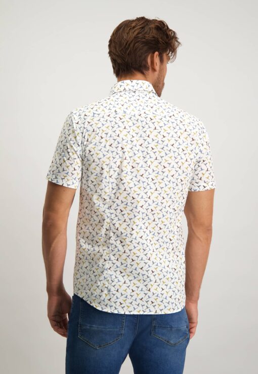 State of Art Poplin overhemd met vogelprint goudgeel/middenblauw