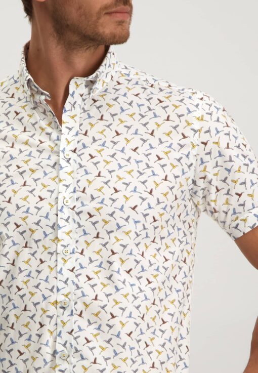 State of Art Poplin overhemd met vogelprint goudgeel/middenblauw