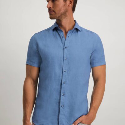 State of Art Overhemd van 100% linnen grijsblauw uni