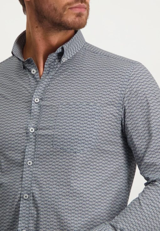 State of Art Poplin overhemd met retroprint grijsblauw/wit