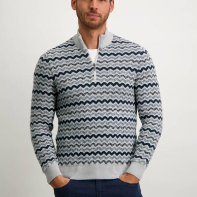 State of Art Katoenen jacquard trui met sportzip greige/grijsblauw