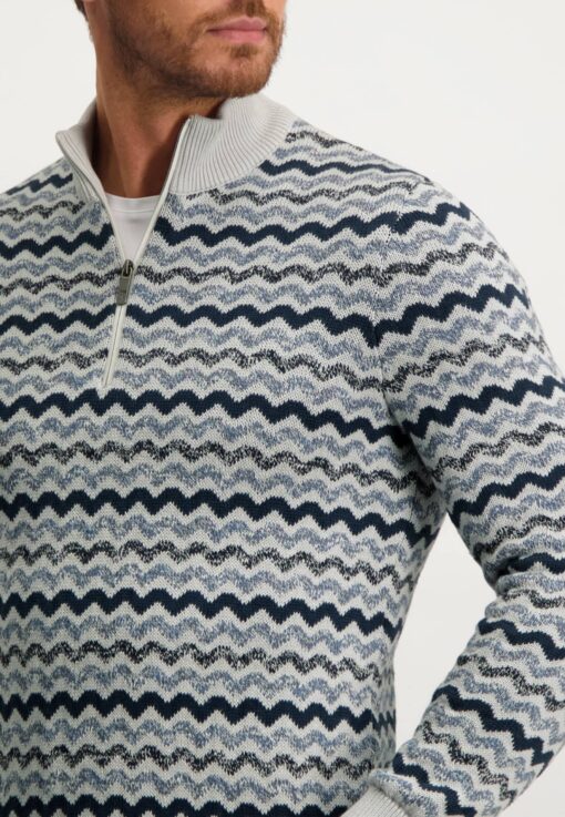 State of Art Katoenen jacquard trui met sportzip greige/grijsblauw