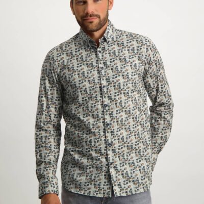 State of Art Button down overhemd met botanische print zilvergrijs/cognac