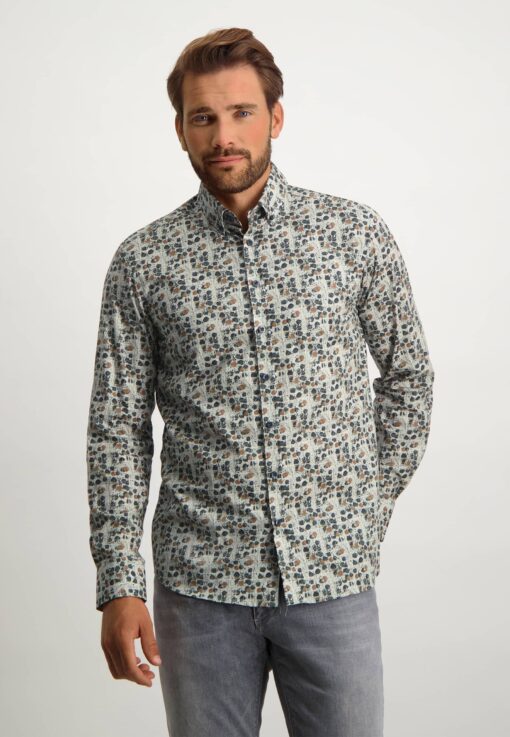 State of Art Button down overhemd met botanische print zilvergrijs/cognac