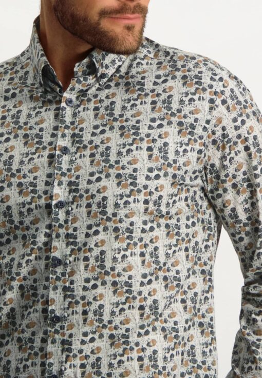 State of Art Button down overhemd met botanische print zilvergrijs/cognac