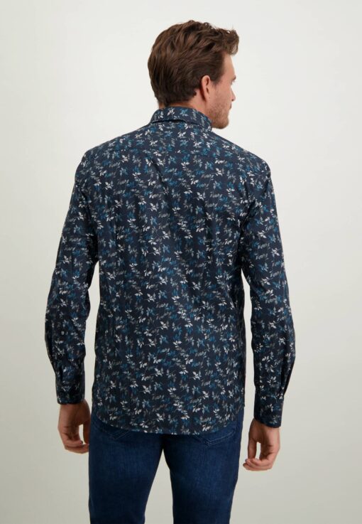 State of Art Overhemd met botanische print donkerblauw/petrol