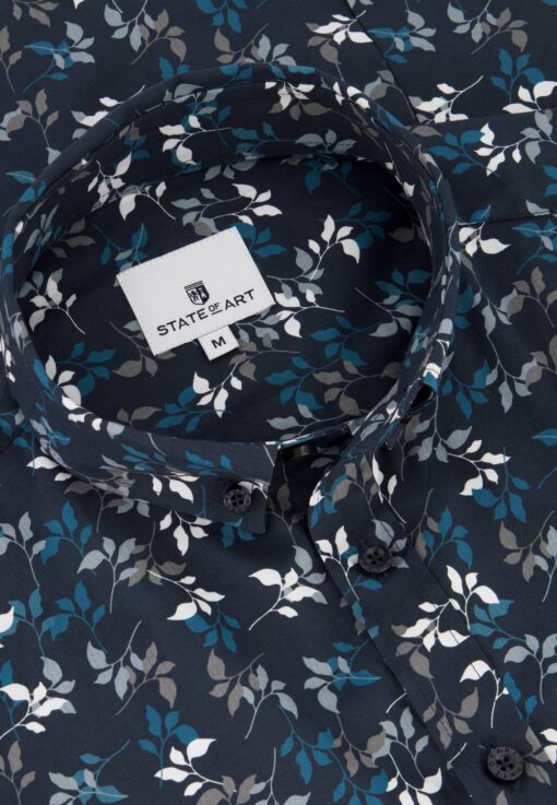 State of Art Overhemd met botanische print donkerblauw/petrol
