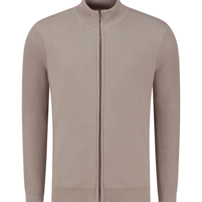 PUREWHITE RIBBED KNIT ZIP CARDIGAN TAUPE