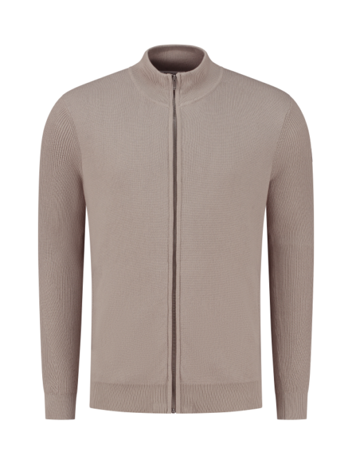 PUREWHITE RIBBED KNIT ZIP CARDIGAN TAUPE