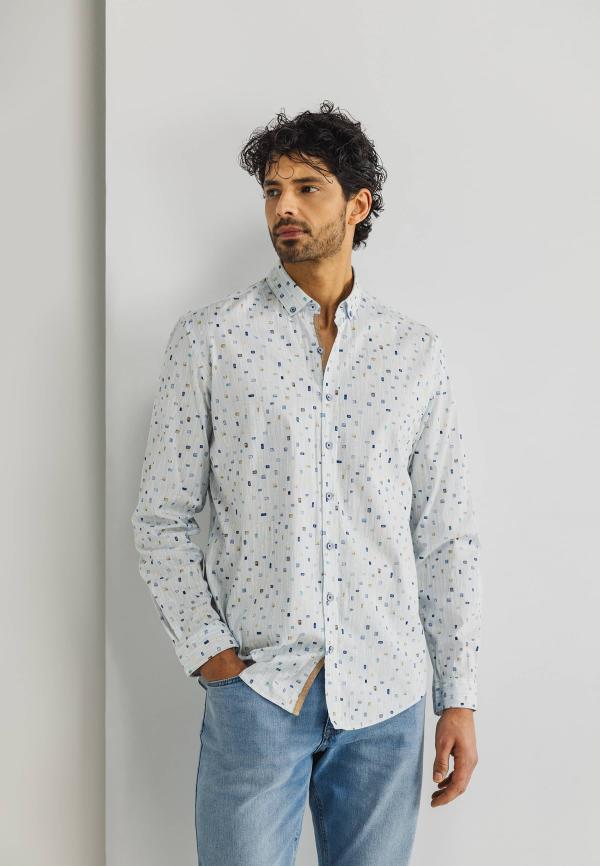 State of Art Twill overhemd met abstract patroon wit/mintblauw