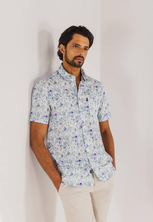 State of Art Poplin overhemd met all-over print lichtgroen/wit