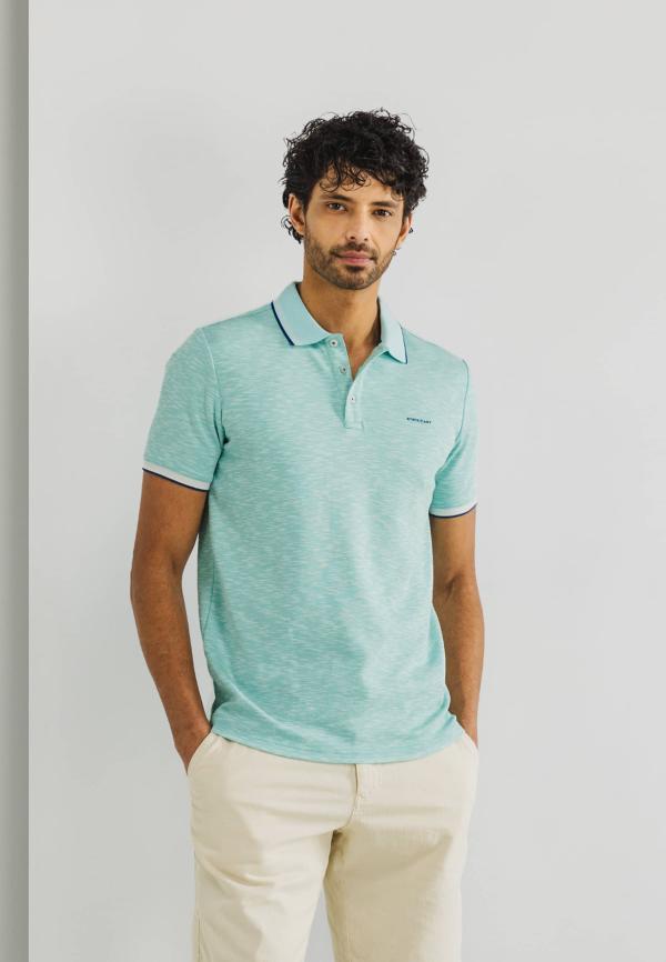 State of Art Gemêleerde polo met streepdetails mintblauw uni
