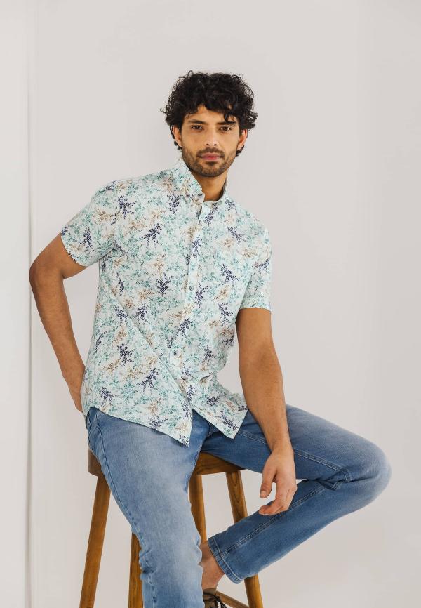 State of Art Korte mouw overhemd van een linnenmix Wit/Mintblauw