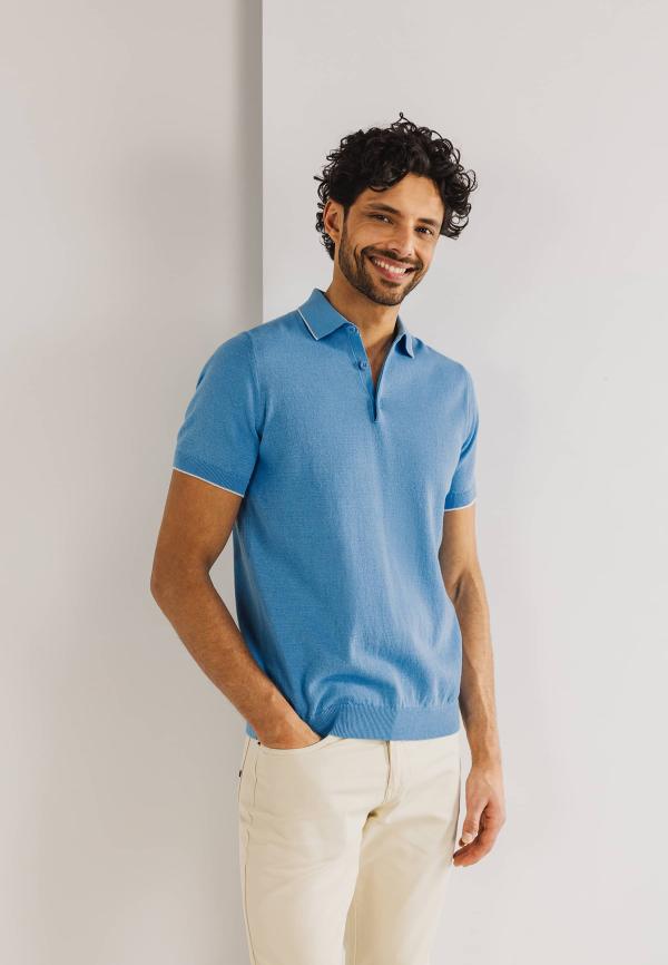 State of Art Gebreide polo met korte mouwen Middenblauw