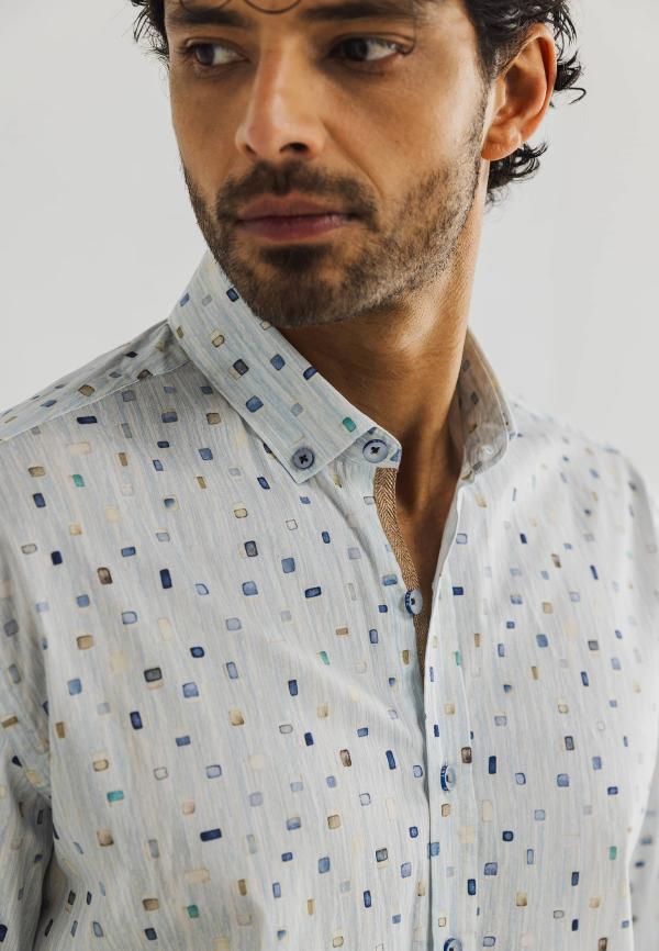State of Art Twill overhemd met abstract patroon wit/mintblauw - Afbeelding 4