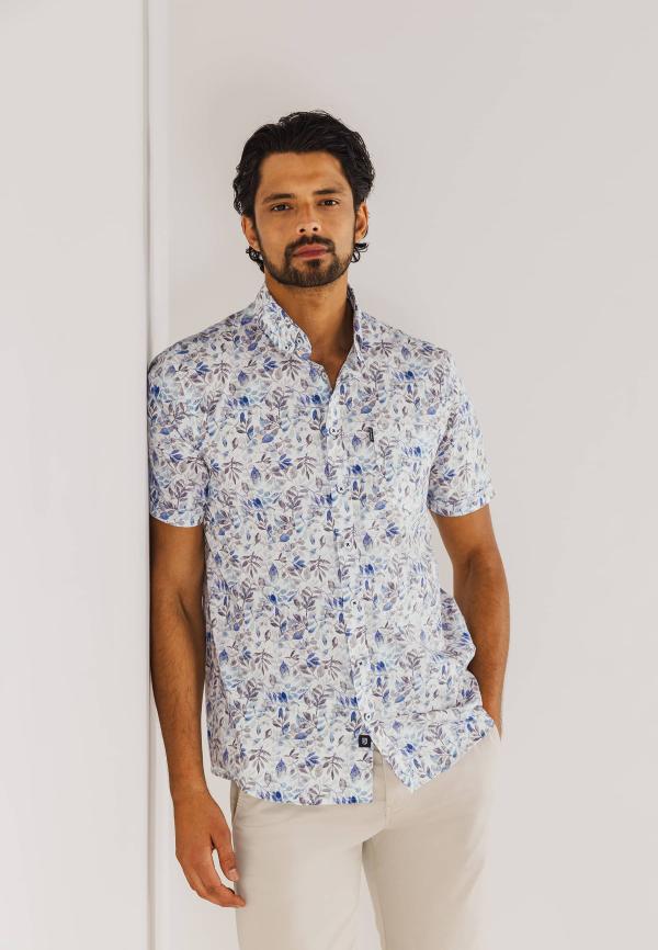 State of Art Poplin overhemd met all-over print beige/wit