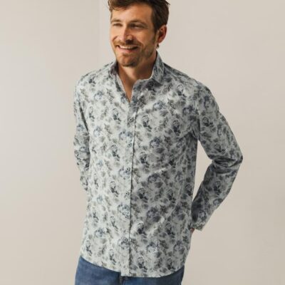 State Of Art Overhemd LS Print Olijfgroen/Kobalt