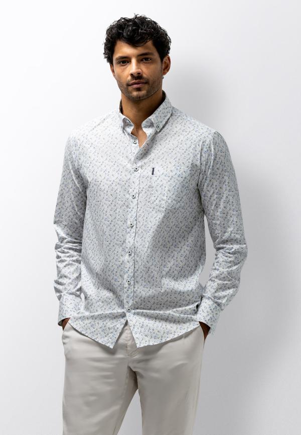 State Of Art Overhemd L-Mouw Print Poplin Lichtblauw/Wit